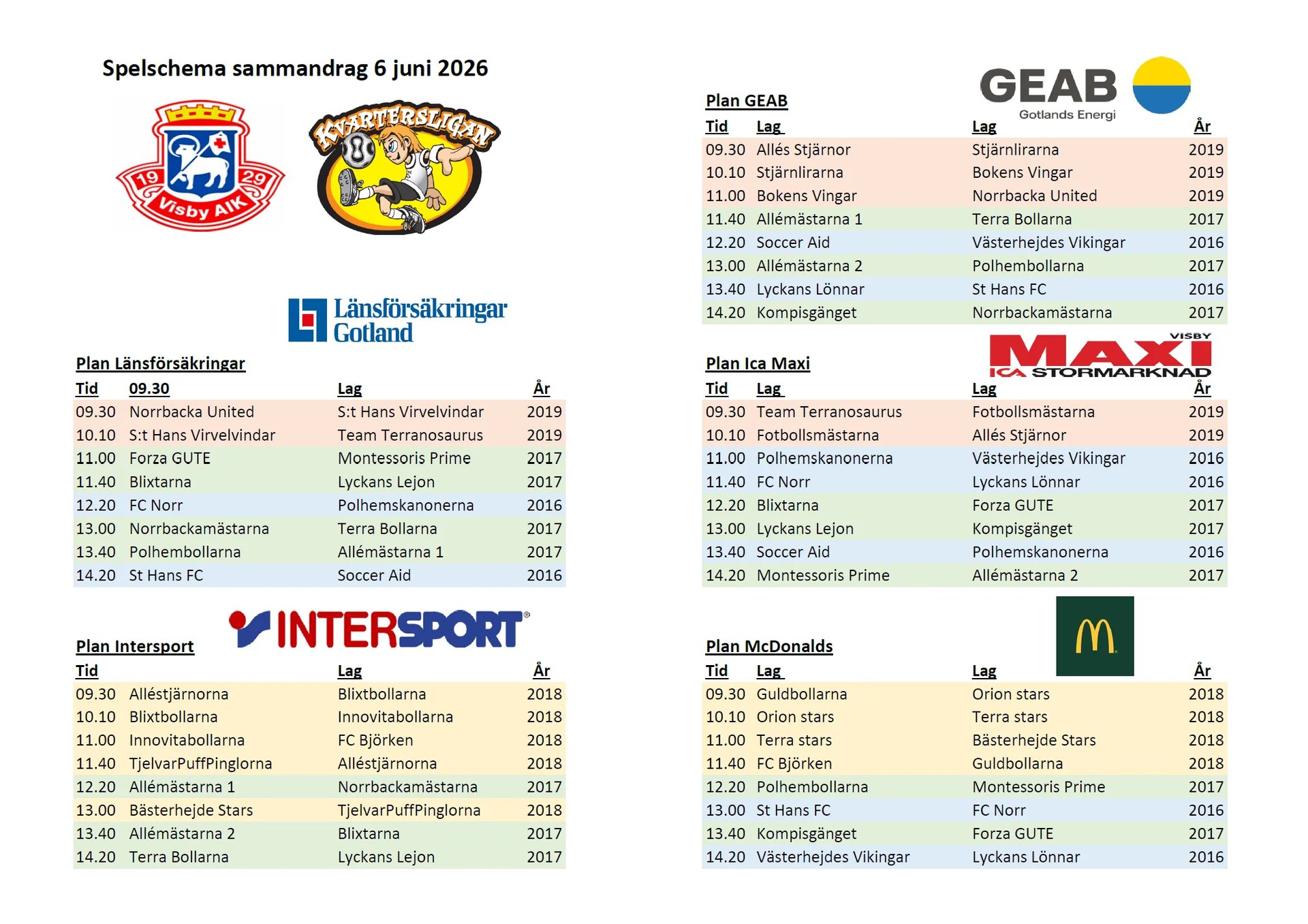 Swedish football schedule from June 6, 2026, showing match times and participating teams from various leagues including Allsvenskan and Superettan